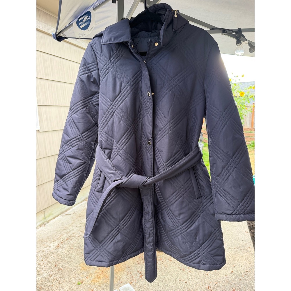 Jones New York Navy Blue Quilted Belted Jacket Removable Hood Women Large